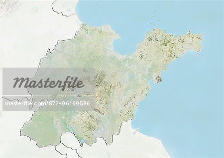 Plan-relief de la province de Shandong, Chine. Cette image a été compilée à partir de données acquises par les satellites LANDSAT 5 & 7 combinées avec les données d'élévation.