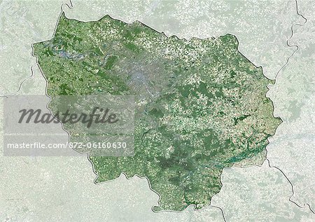 Vue satellite de la région Ile-de-France, France. Cette image a été compilée à partir de données acquises par les satellites LANDSAT 5 & 7.