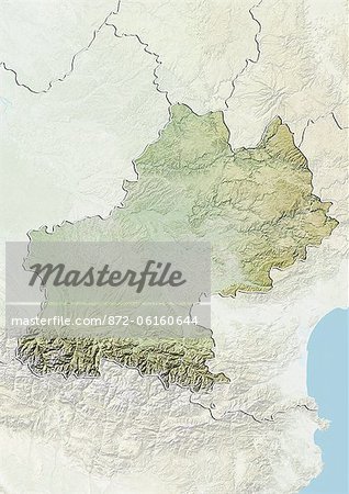 Relief map of Midi-Pyrenees, France. This image was compiled from data acquired by LANDSAT 5 & 7 satellites combined with elevation data.