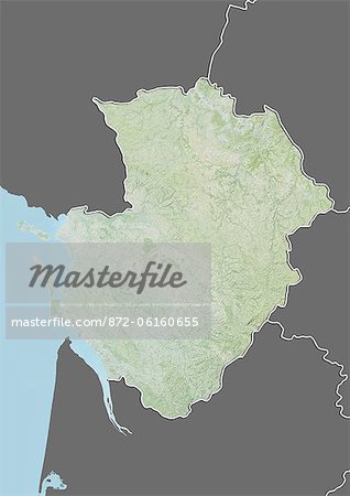 Reliefkarte von Poitou-Charentes, Frankreich. Dieses Bild wurde aus Daten von LANDSAT 5 & 7 Satelliten kombiniert mit Höhendaten erworbenen zusammengestellt.