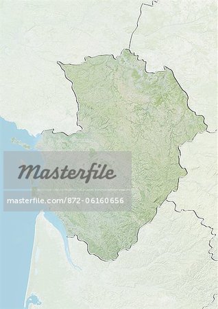 Reliefkarte von Poitou-Charentes, Frankreich. Dieses Bild wurde aus Daten von LANDSAT 5 & 7 Satelliten kombiniert mit Höhendaten erworbenen zusammengestellt.