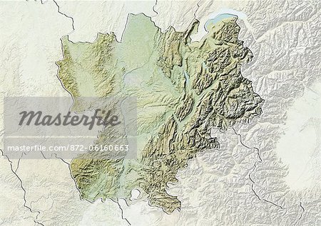 Plan-relief de la région Rhône-Alpes, en France. Cette image a été compilée à partir de données acquises par les satellites LANDSAT 5 & 7 combinées avec les données d'élévation.
