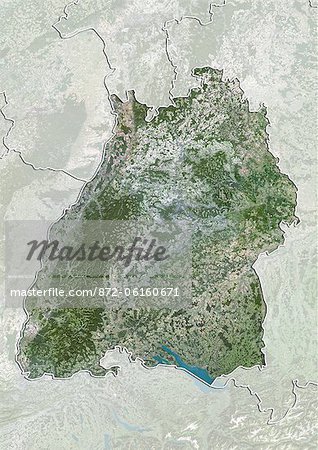 Vue satellite de l'état de Bade-Wurtemberg, Allemagne. Cette image a été compilée à partir de données acquises par les satellites LANDSAT 5 & 7.