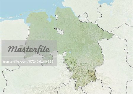 Relief map of the State of Lower Saxony, Germany. This image was compiled from data acquired by LANDSAT 5 & 7 satellites combined with elevation data.