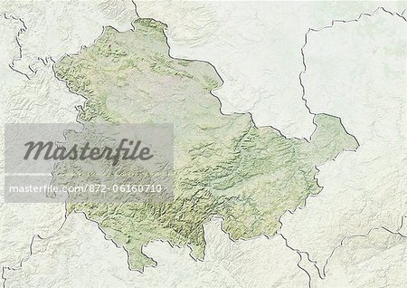 Plan-relief de l'état de Thuringe. Cette image a été compilée à partir de données acquises par les satellites LANDSAT 5 & 7 combinées avec les données d'élévation.