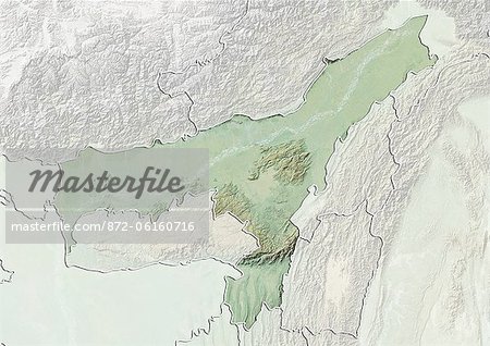 Relief map of the State of Assam, India. This image was compiled from data acquired by LANDSAT 5 & 7 satellites combined with elevation data.