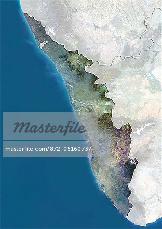 Satellite view of the State of Kerala, India. This image was compiled from data acquired by LANDSAT 5 & 7 satellites.