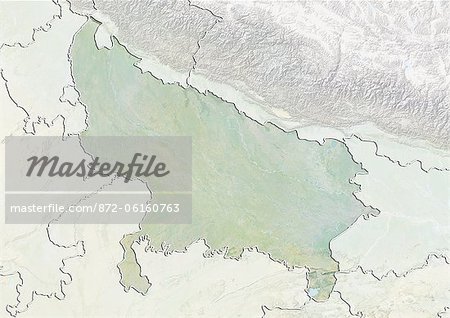 Relief map of the State of Uttar Pradesh, India. This image was compiled from data acquired by LANDSAT 5 & 7 satellites combined with elevation data.