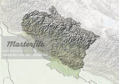 Relief map of the State of Uttarakhand, India. This image was compiled from data acquired by LANDSAT 5 & 7 satellites combined with elevation data.