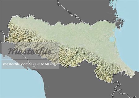 Reliefkarte der Region Emilia-Romagna, Italien. Dieses Bild wurde aus Daten von LANDSAT 5 & 7 Satelliten kombiniert mit Höhendaten erworbenen zusammengestellt.