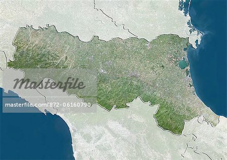 Satellite view of the region of Emilia Romagna, Italy. This image was compiled from data acquired by LANDSAT 5 & 7 satellites.