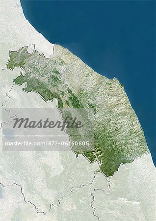 Satellite view of the region of Marche, Italy. This image was compiled from data acquired by LANDSAT 5 & 7 satellites.