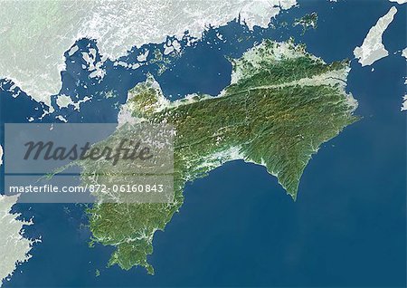 Satellite view of the region of Shikoku, Japan. This image was compiled from data acquired by LANDSAT 5 & 7 satellites.