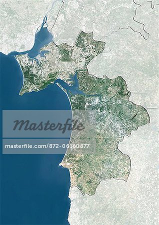 Satellite view of the district of Setubal, Portugal. This image was compiled from data acquired by LANDSAT 5 & 7 satellites.