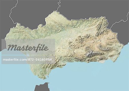 Relief map of Andalusia, Spain. This image was compiled from data acquired by LANDSAT 5 & 7 satellites combined with elevation data.