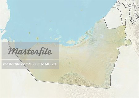 Relief map of the Emirate of Abu Dhabi, United Arab Emirates. This image was compiled from data acquired by LANDSAT 5 & 7 satellites combined with elevation data.