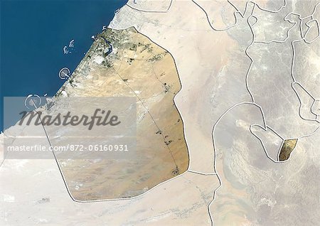 Satellite view of the Emirate of Dubai, United Arab Emirates. This image was compiled from data acquired by LANDSAT 5 & 7 satellites.