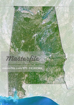 Satellite view of the State of Alabama, United States. This image was compiled from data acquired by LANDSAT 5 & 7 satellites.