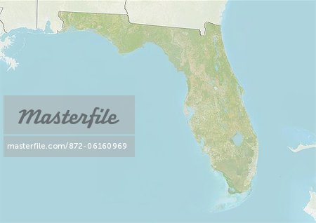 Relief map of the State of Florida, United States. This image was compiled from data acquired by LANDSAT 5 & 7 satellites combined with elevation data.