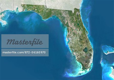 Satellite view of the State of Florida, United States. This image was compiled from data acquired by LANDSAT 5 & 7 satellites. Satellite view of the State of Florida, United States. This image was compiled from data acquired by LANDSAT 5 & 7 satellites.