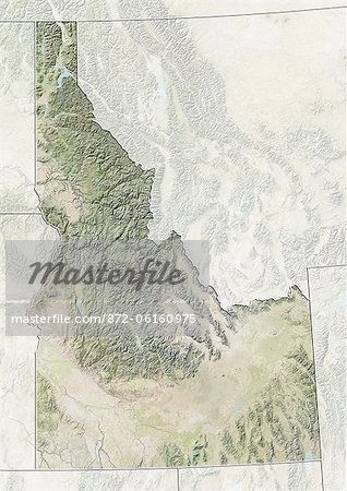 Plan-relief de l'état de l'Idaho, aux États-Unis. Cette image a été compilée à partir de données acquises par les satellites LANDSAT 5 & 7 combinées avec les données d'élévation.