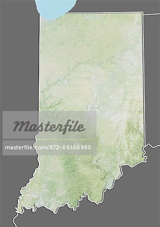 Relief map of the State of Indiana, United States. This image was compiled from data acquired by LANDSAT 5 & 7 satellites combined with elevation data.