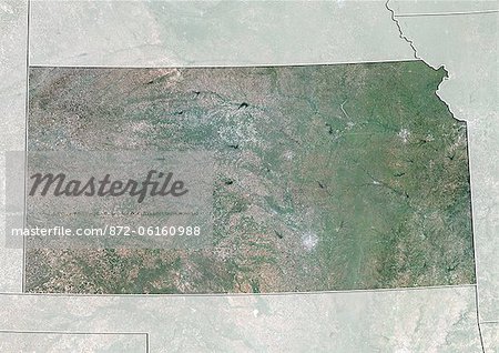 Satellite view of the State of Kansas, United States. This image was compiled from data acquired by LANDSAT 5 & 7 satellites.