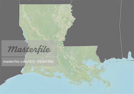 Plan-relief de l'état de Louisiane, aux États-Unis. Cette image a été prise en 2003 avant l'ouragan Katrina. Il a été compilé à partir de données acquises par le satellite LANDSAT 7, combinée avec les données d'élévation.