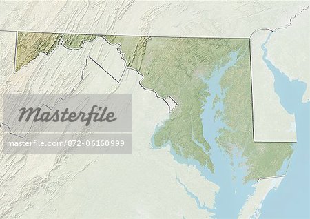 Relief map of the State of Maryland, United States. This image was compiled from data acquired by LANDSAT 5 & 7 satellites combined with elevation data.