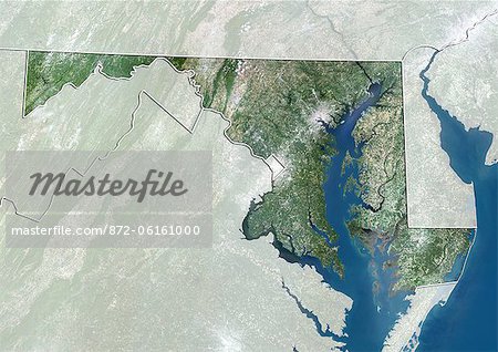 Vue satellite de l'état du Maryland, aux États-Unis. Cette image a été compilée à partir de données acquises par les satellites LANDSAT 5 & 7.