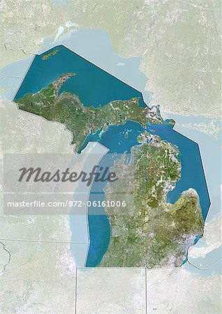 Satellitenaufnahme von Bundesstaat Michigan der Vereinigten Staaten von Amerika. Dieses Bild wurde aus Daten von Satelliten LANDSAT 5 & 7 erworbenen zusammengestellt.