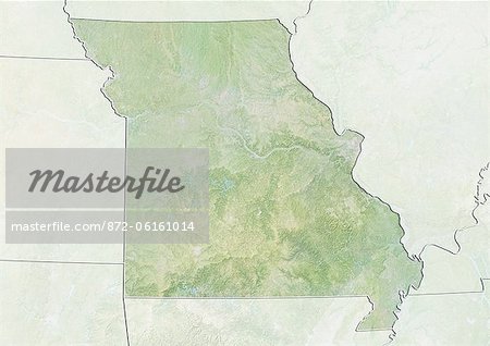 Relief map of the State of Missouri, United States. This image was compiled from data acquired by LANDSAT 5 & 7 satellites combined with elevation data.