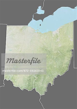 Plan-relief de l'état de l'Ohio, aux États-Unis. Cette image a été compilée à partir de données acquises par les satellites LANDSAT 5 & 7 combinées avec les données d'élévation.