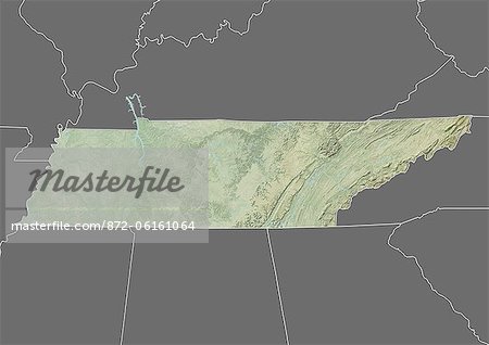 Relief map of the State of Tennessee, United States. This image was compiled from data acquired by LANDSAT 5 & 7 satellites combined with elevation data.