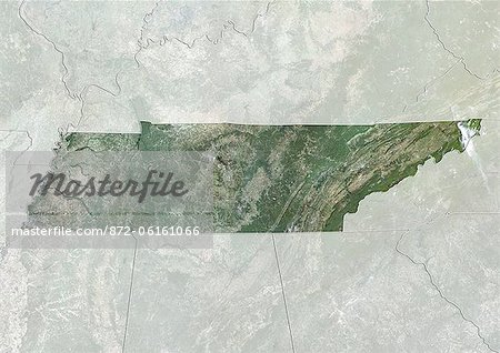 Satellite view of the State of Tennessee, United States. This image was compiled from data acquired by LANDSAT 5 & 7 satellites.