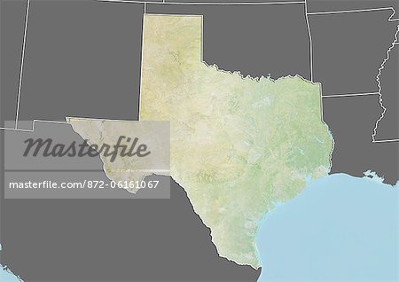Relief map of the State of Texas, United States. This image was compiled from data acquired by LANDSAT 5 & 7 satellites combined with elevation data.