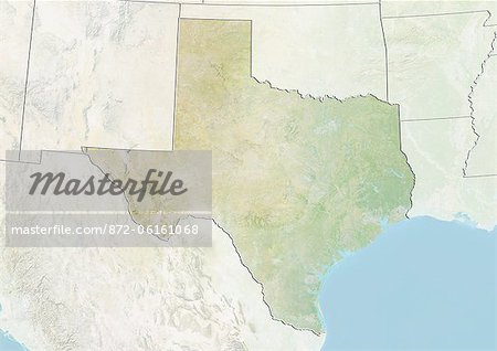 Relief map of the State of Texas, United States. This image was compiled from data acquired by LANDSAT 5 & 7 satellites combined with elevation data.