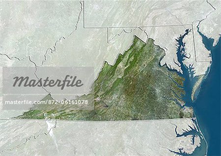 Vue satellite de l'état de Virginie, aux États-Unis. Cette image a été compilée à partir de données acquises par les satellites LANDSAT 5 & 7.