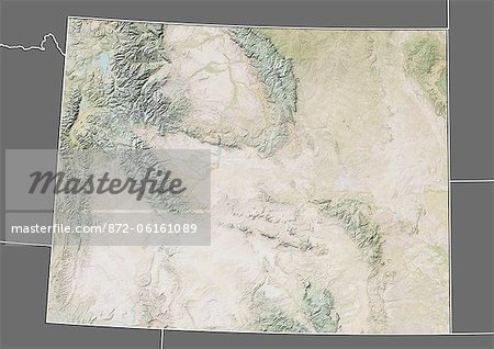 Relief map of the State of Wyoming, United States. This image was compiled from data acquired by LANDSAT 5 & 7 satellites combined with elevation data.