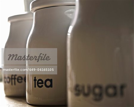 Close up of coffee, tea and sugar jars