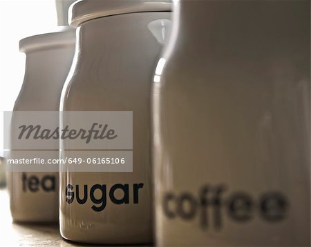 Close up of coffee, tea and sugar jars