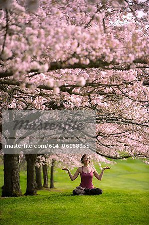 Femme en position du lotus sous l'arbre de la cerise Femme en position du lotus sous l'arbre de la cerise