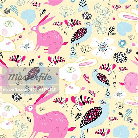 seamless pattern of bright hares and birds on a yellow background with plants