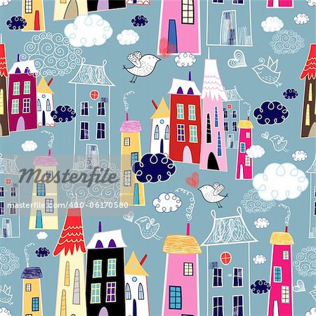 seamless pattern of houses with birds and clouds in the blue