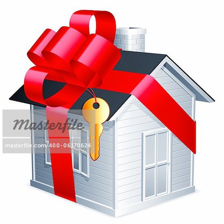 Little house with red ribbon and golden key.