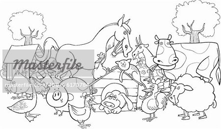 cartoon illustration of farm animals group for coloring book