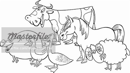 Cartoon illustration of funny farm animals group for coloring book