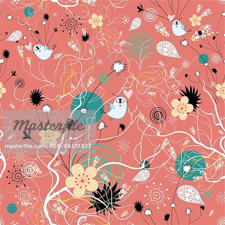 Seamless floral pattern with birds in love on a red background