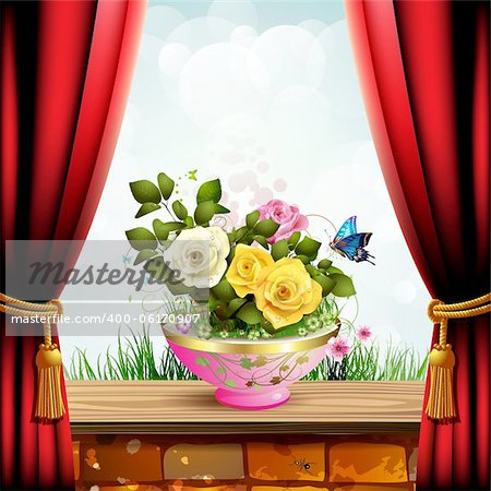 Flowerpot with roses and red curtain