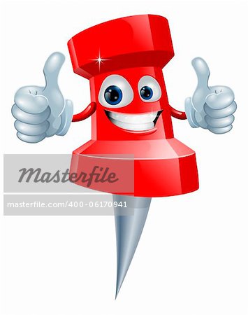 A red happy red cute push pin man giving a double thumbs up